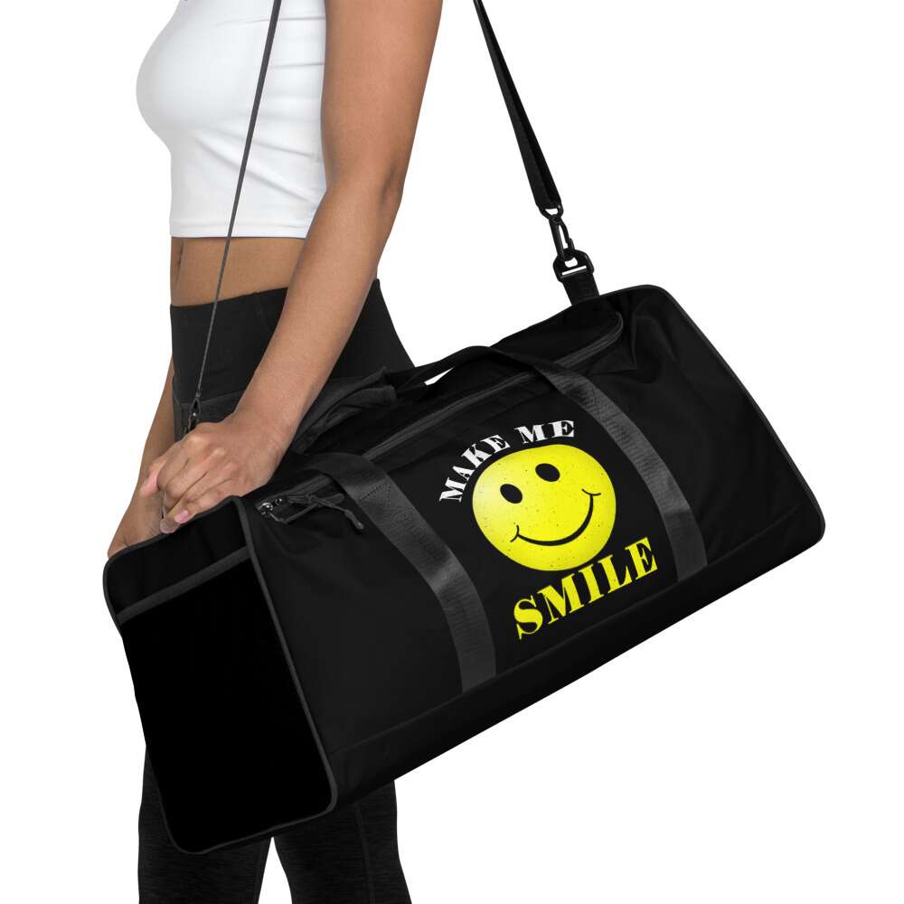 black polyester duffle bag with printed smiley and adjustable straps