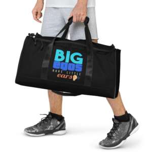 duffle bag with adjustable straps and colorful print reading big ego