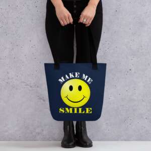 tote bag with a printed yellow smiley