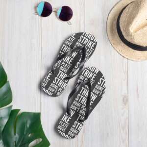 BASEBALL Flip-Flops | THROW STRIKE | BASEBALL QUOTES | BAT | HELMET | TYPOGRAPHIC ART | Y-SHAPED STRAPS | SUMMER FOOTWEAR | BEACH FOOT WEAR