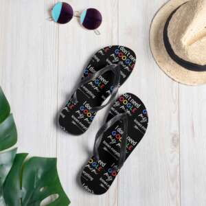 black flip flops with colorful print