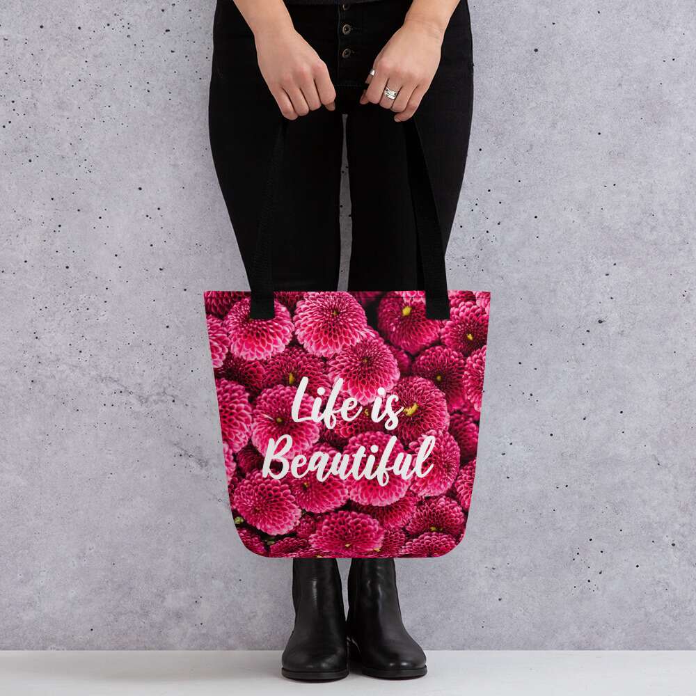 tote bag with printed words life is beautiful