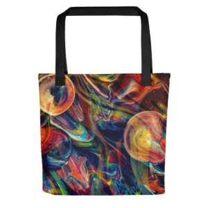 all-over colorful abstract art on tote bag