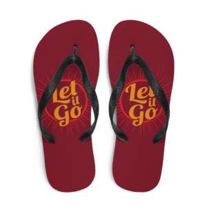 red flip flops with bold print let it go