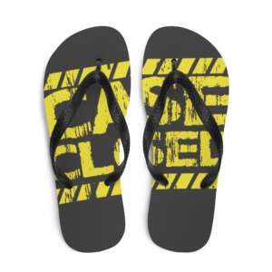 black flip flops with bright yellow print