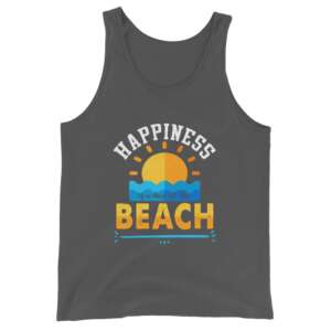 unisex tank top with printed words happiness is on the beach
